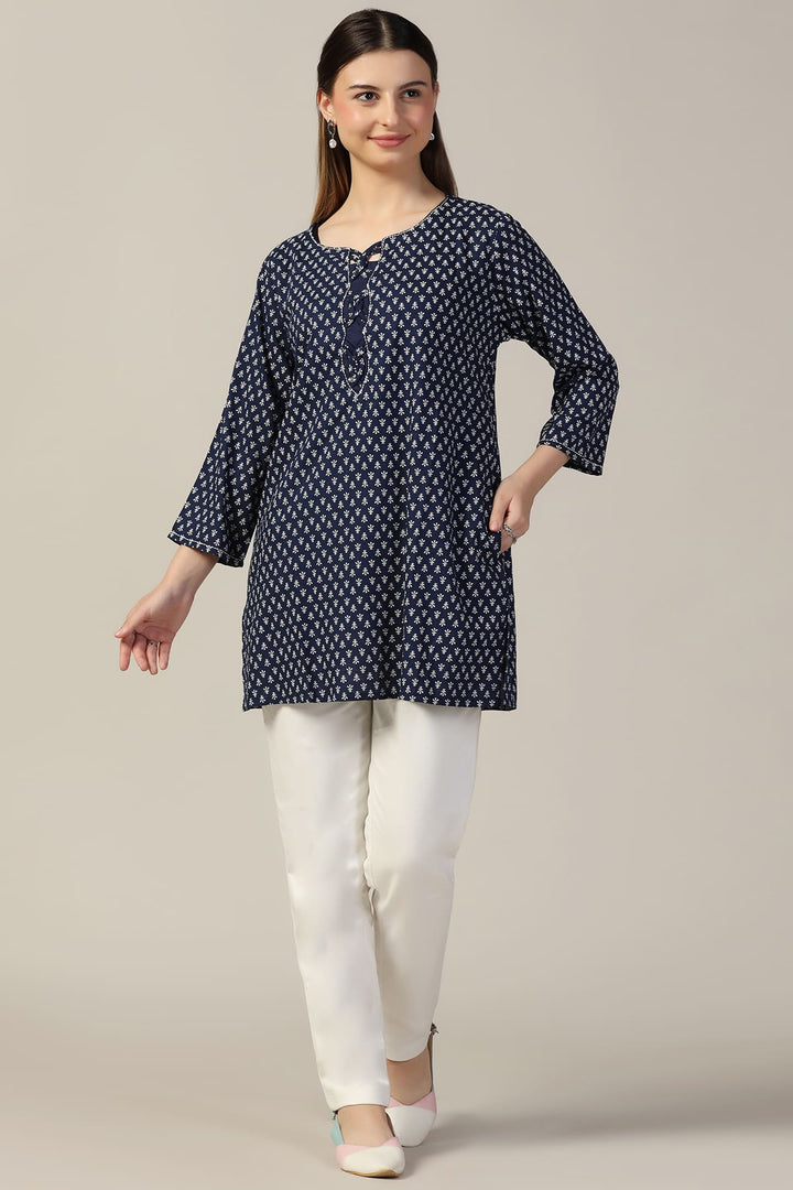 Blue Embroidered Linen Casual Top