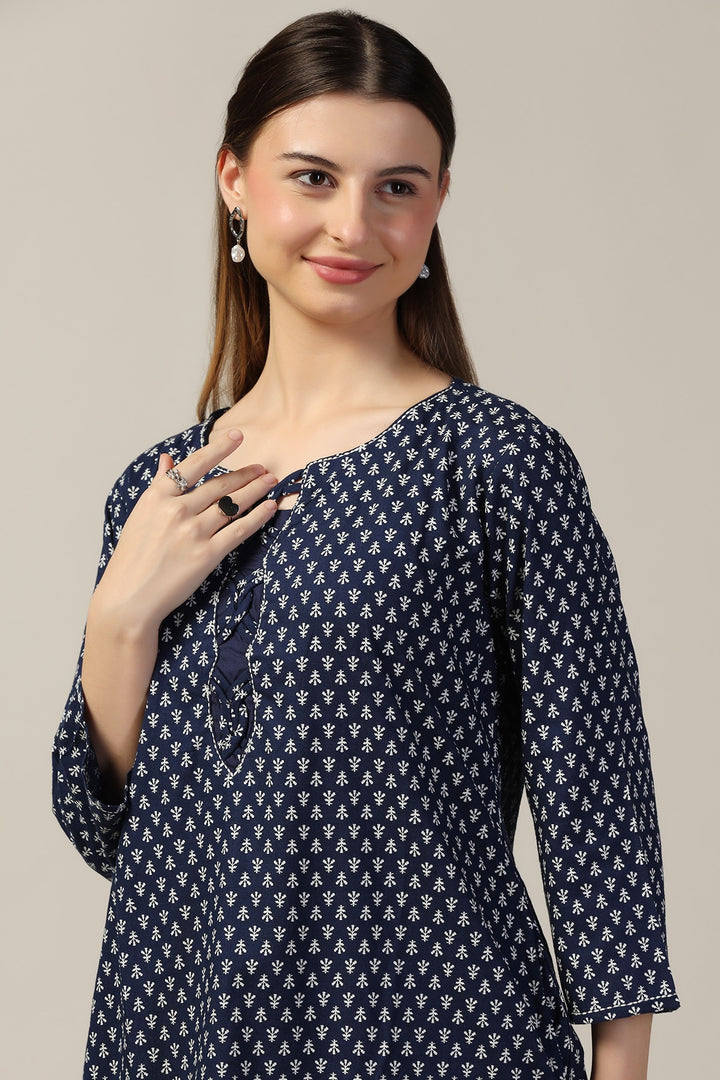 Blue Embroidered Linen Casual Top