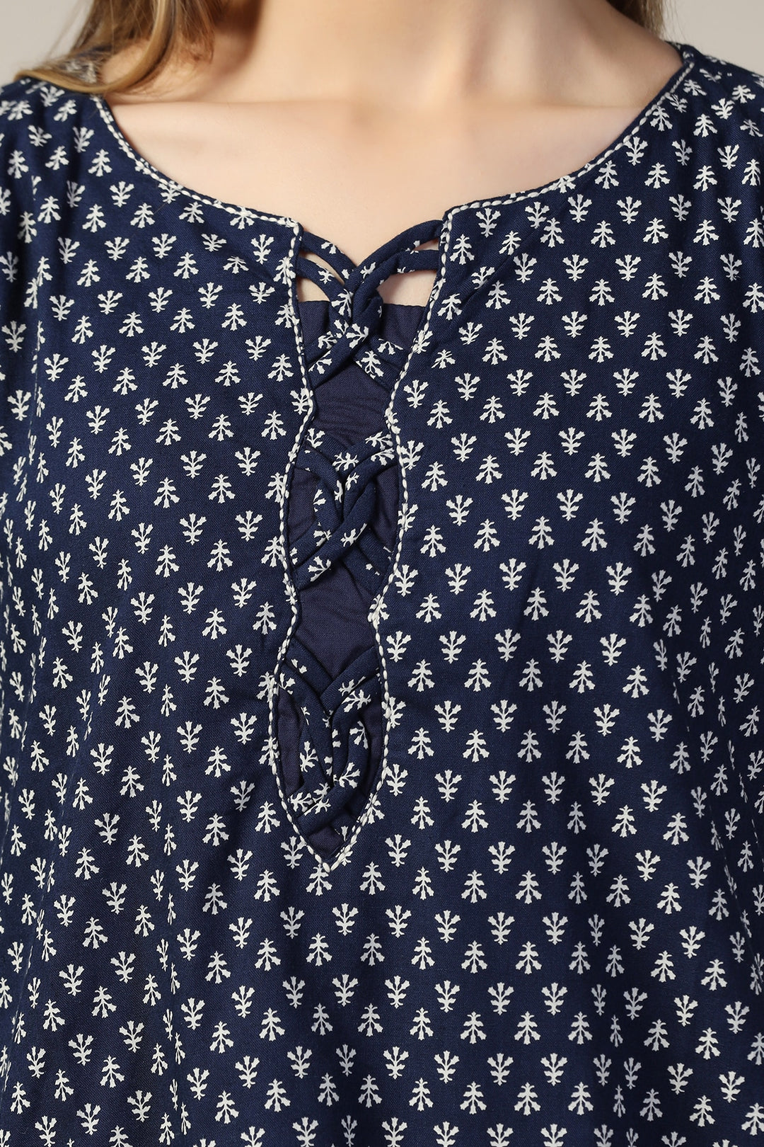 Blue Embroidered Linen Casual Top