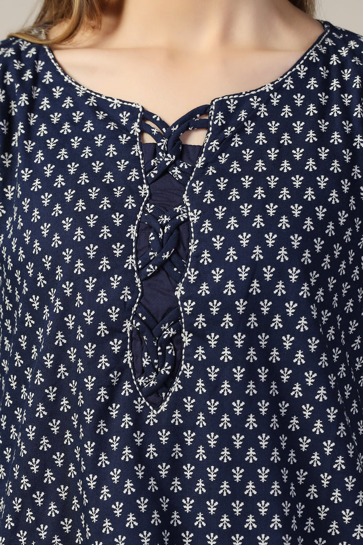 Blue Embroidered Linen Casual Top