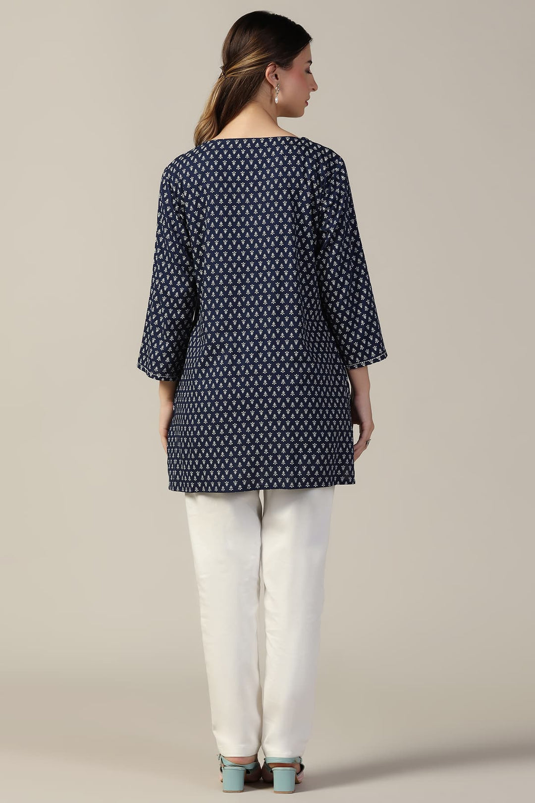 Blue Embroidered Linen Casual Top