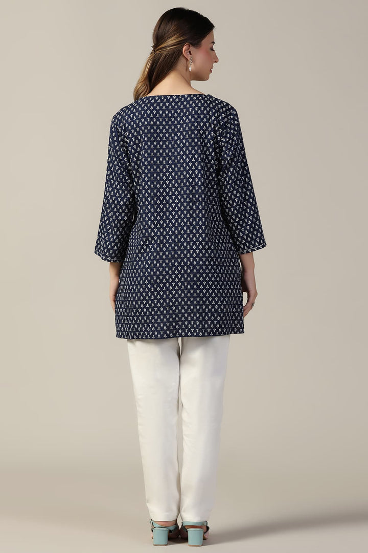 Blue Embroidered Linen Casual Top