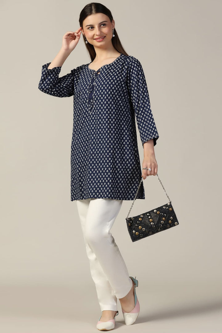 Blue Embroidered Linen Casual Top