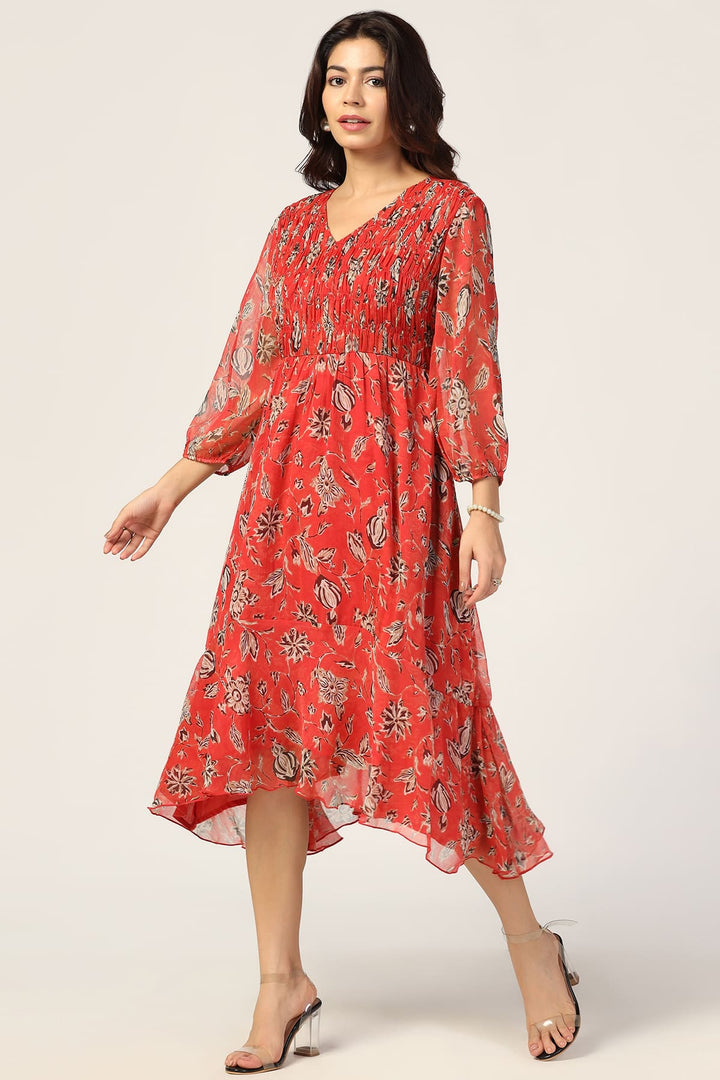 Red Printed Chiffon Dress
