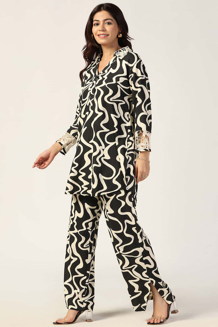 Black &amp; Beige Printed Co-Ord Top