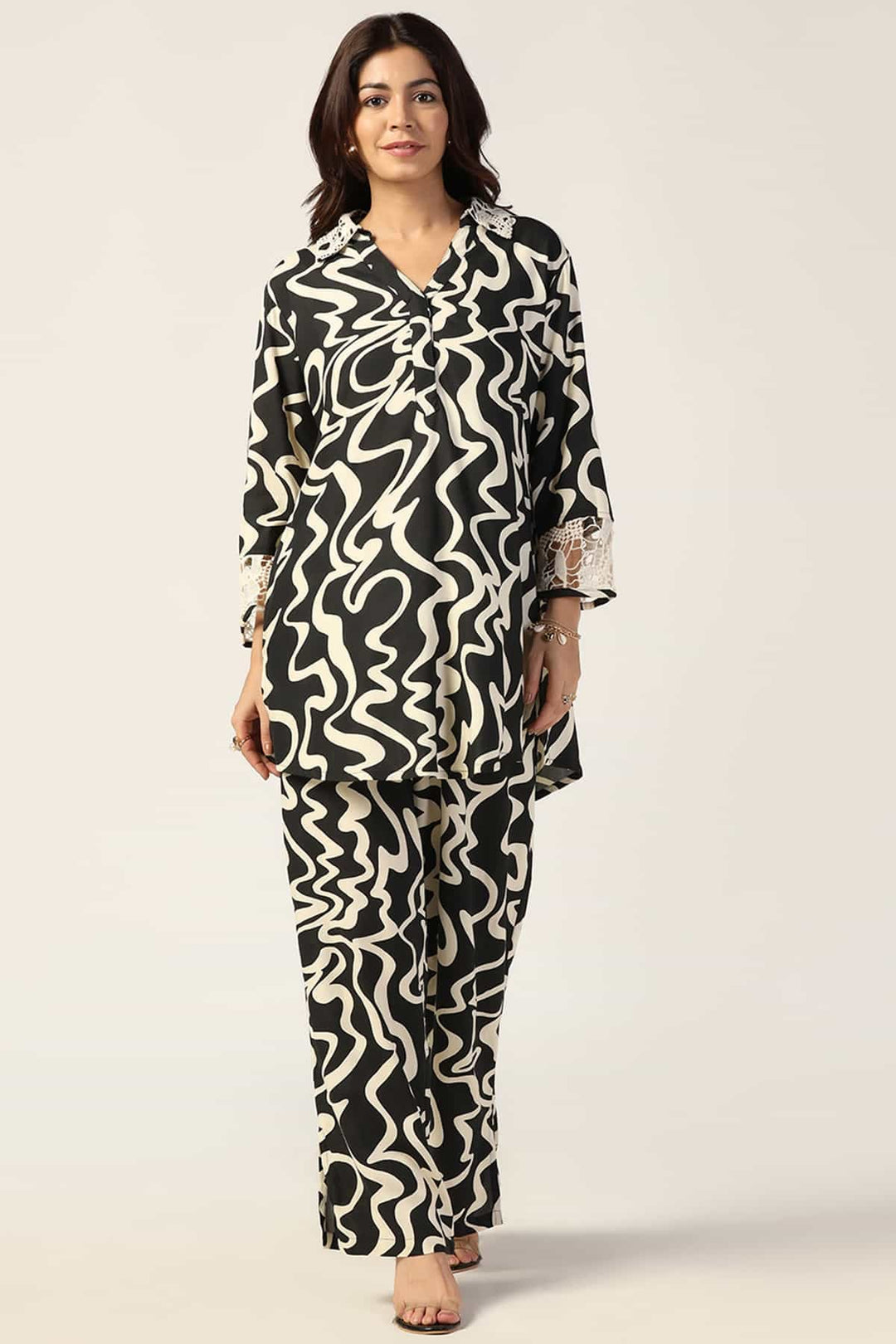Black &amp; Beige Printed Co-Ord Top