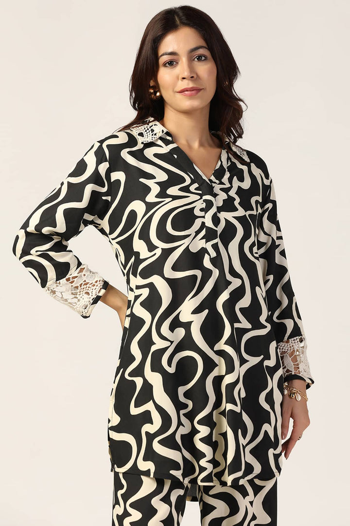 Black &amp; Beige Printed Co-Ord Top