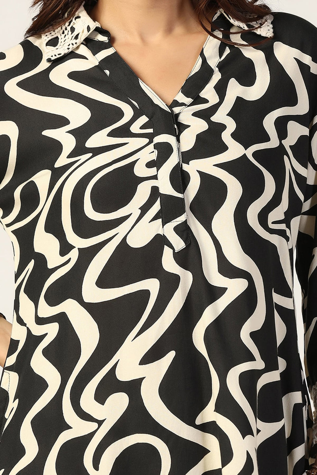 Black &amp; Beige Printed Co-Ord Top