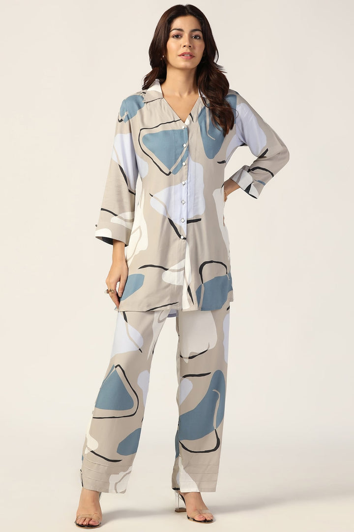 Grey Printed Rayon Co-ord Shirt