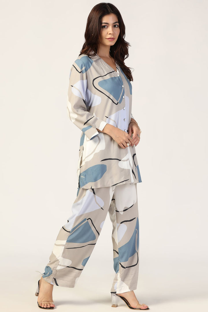 Grey Printed Rayon Co-ord Shirt
