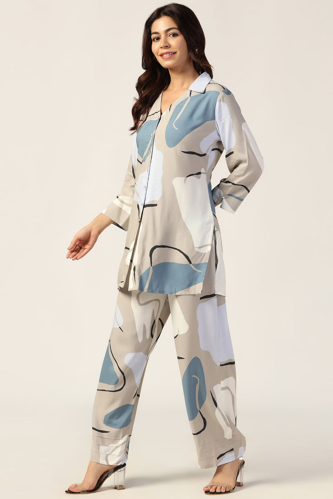 Grey Printed Rayon Co-ord Shirt