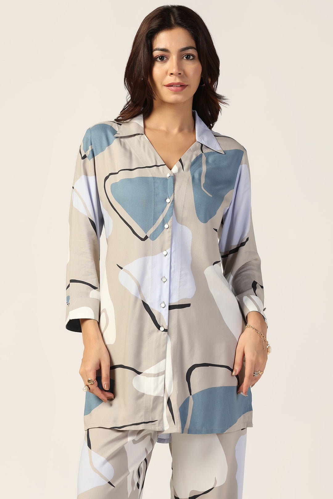Grey Printed Rayon Co-ord Shirt