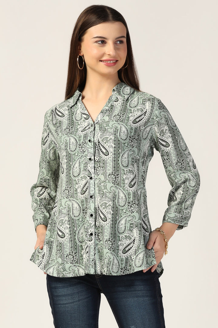 Light Sage Green Printed Modal Collared Shirt