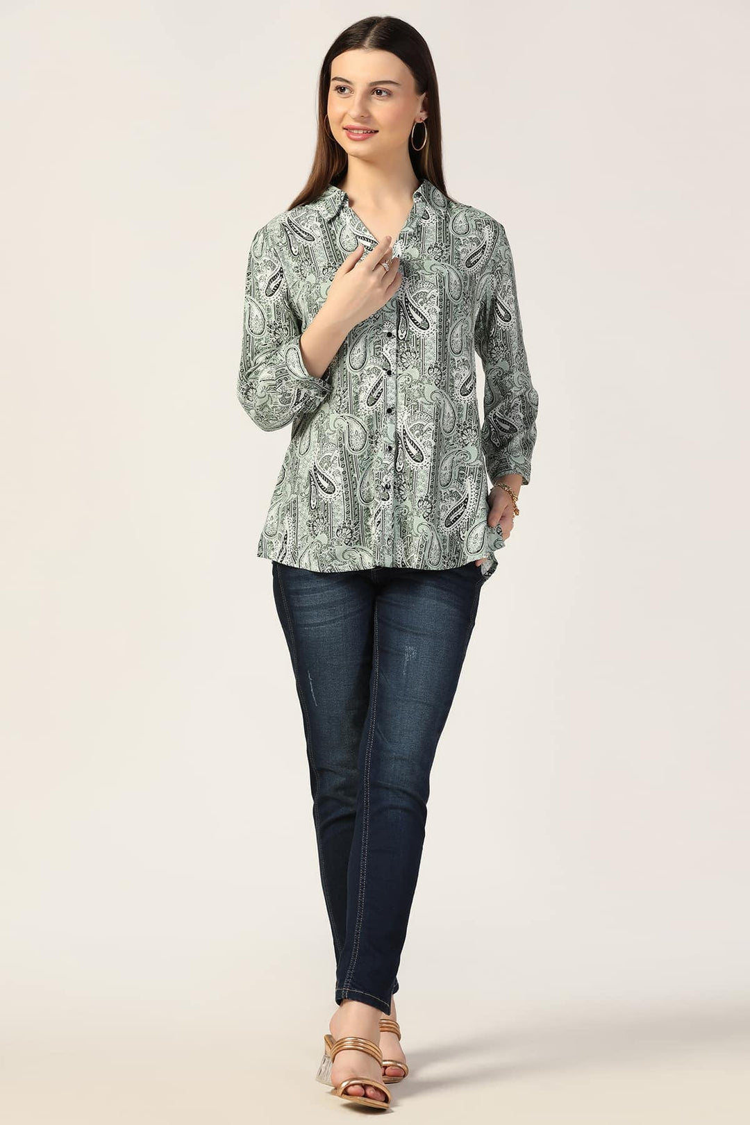 Light Sage Green Printed Modal Collared Shirt