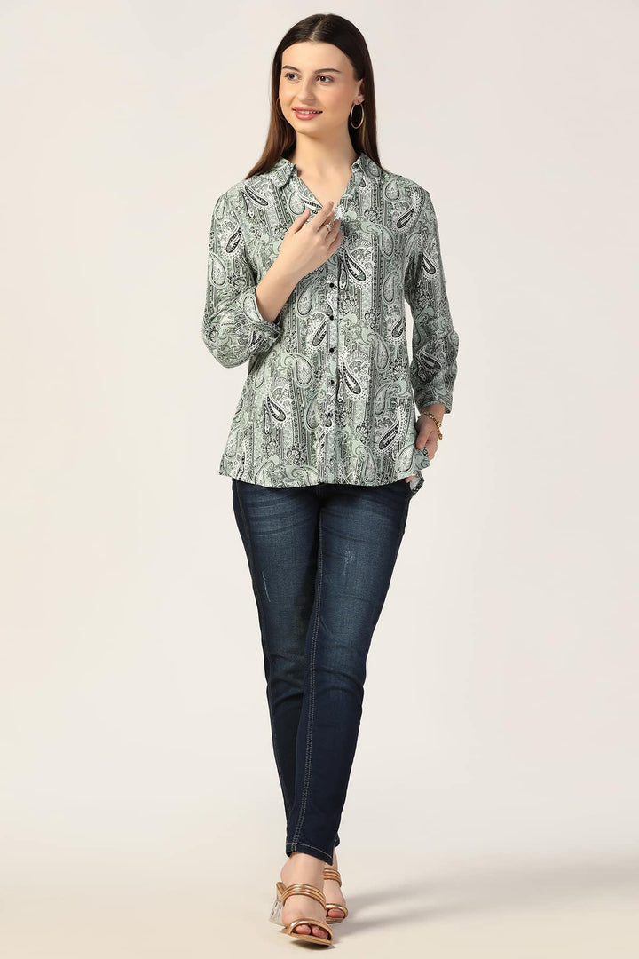 Light Sage Green Printed Modal Collared Shirt