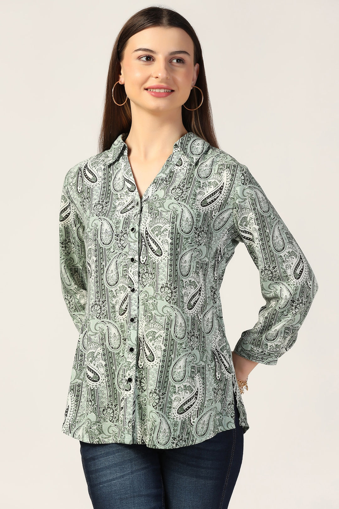 Light Sage Green Printed Modal Collared Shirt