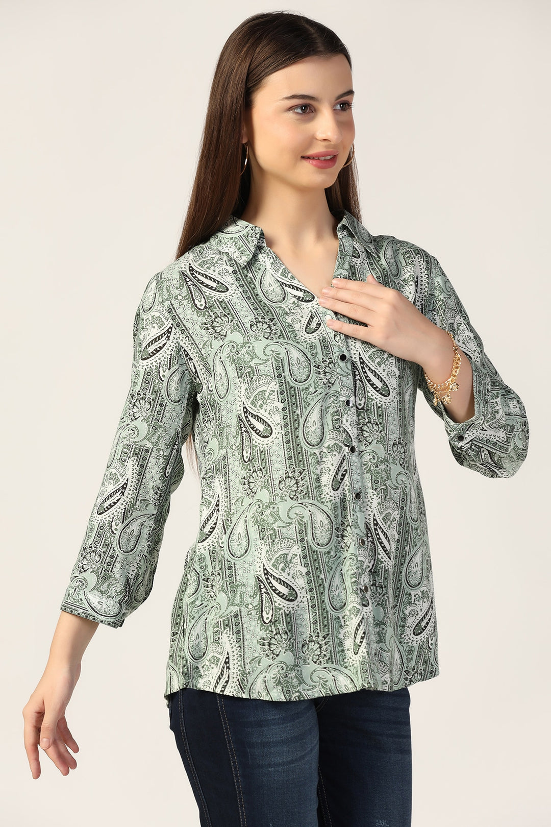 Light Sage Green Printed Modal Collared Shirt