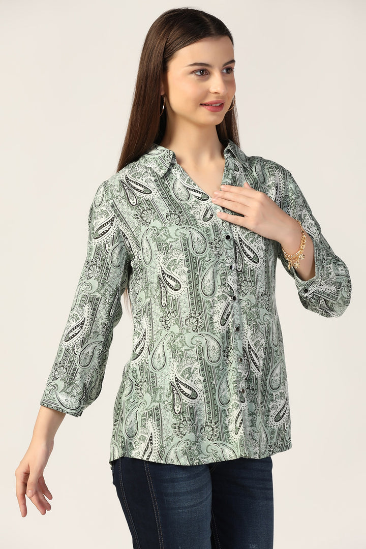 Light Sage Green Printed Modal Collared Shirt