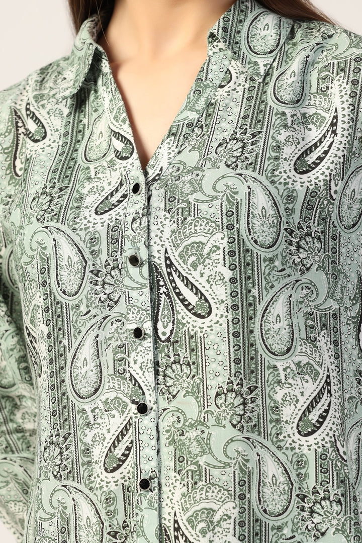 Light Sage Green Printed Modal Collared Shirt