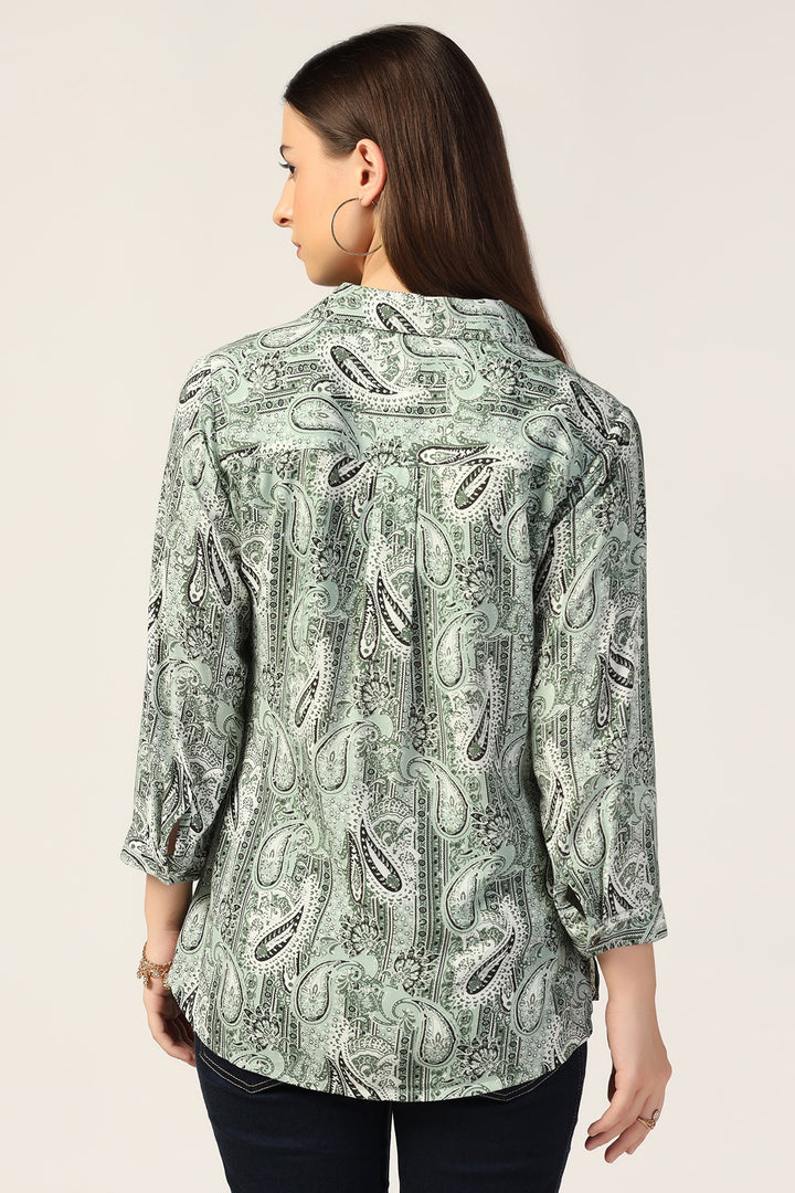 Light Sage Green Printed Modal Collared Shirt