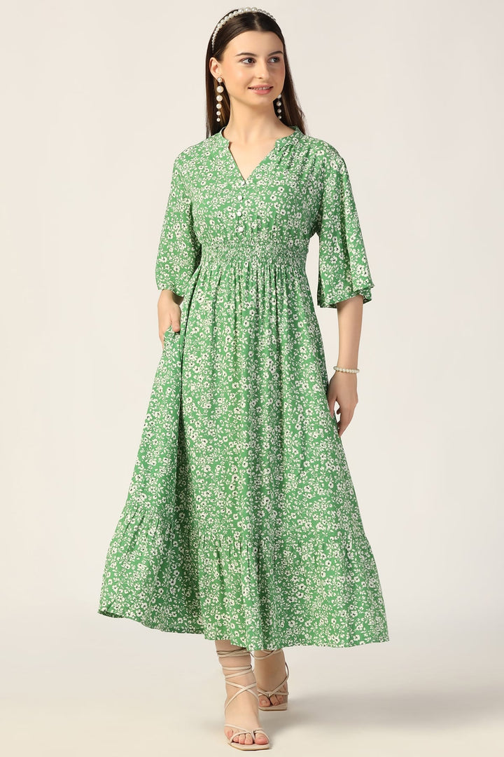 Green Printed Rayon Modal Dress