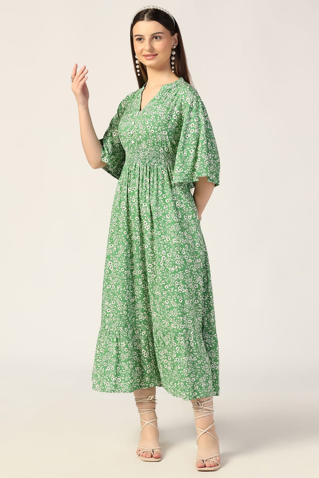 Green Printed Rayon Modal Dress