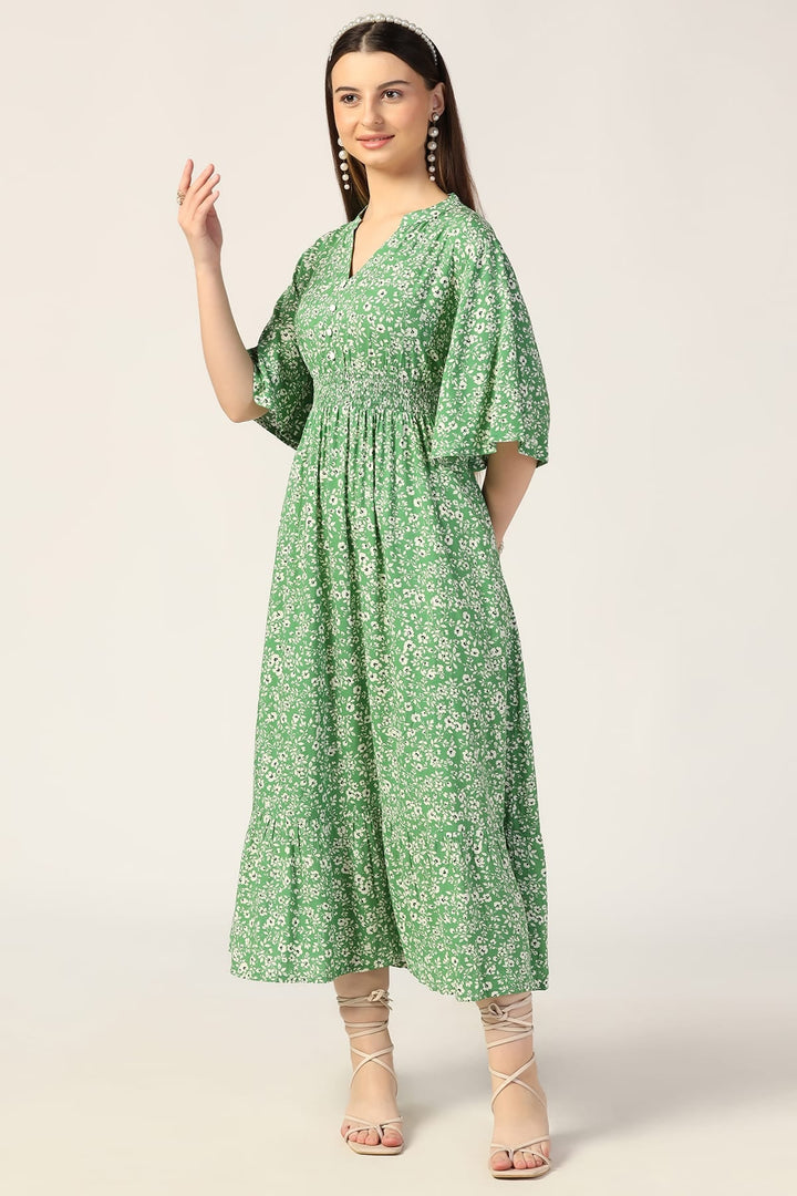 Green Printed Rayon Modal Dress