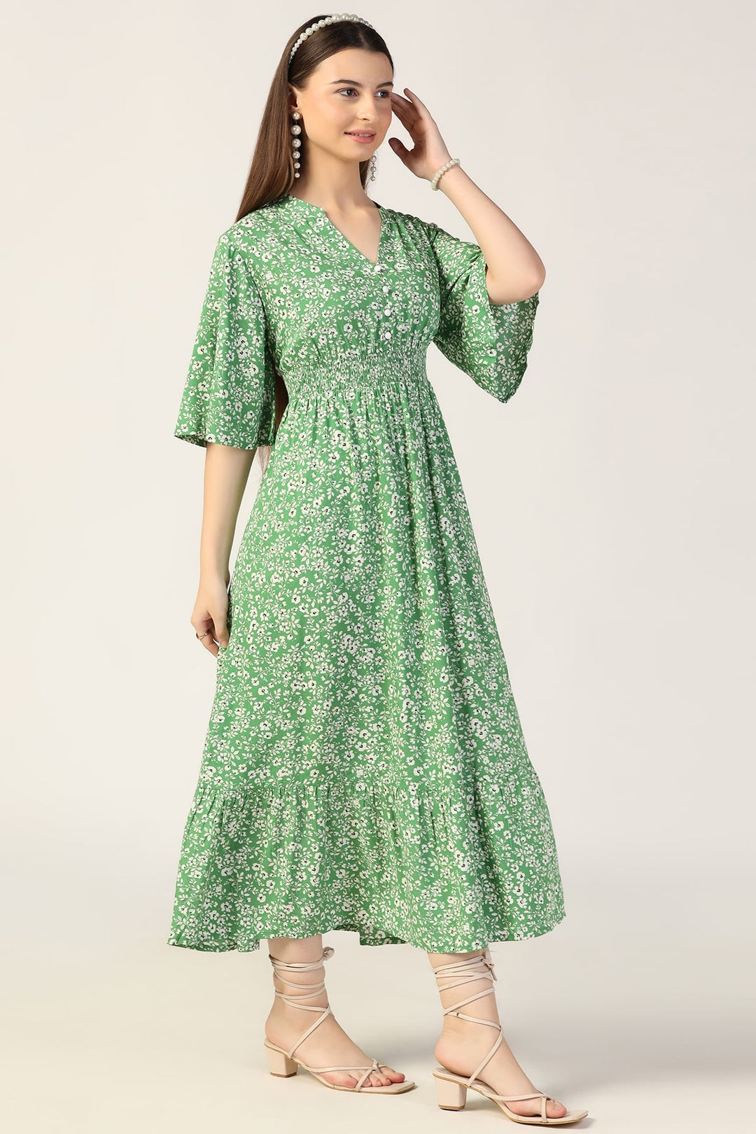 Green Printed Rayon Modal Dress