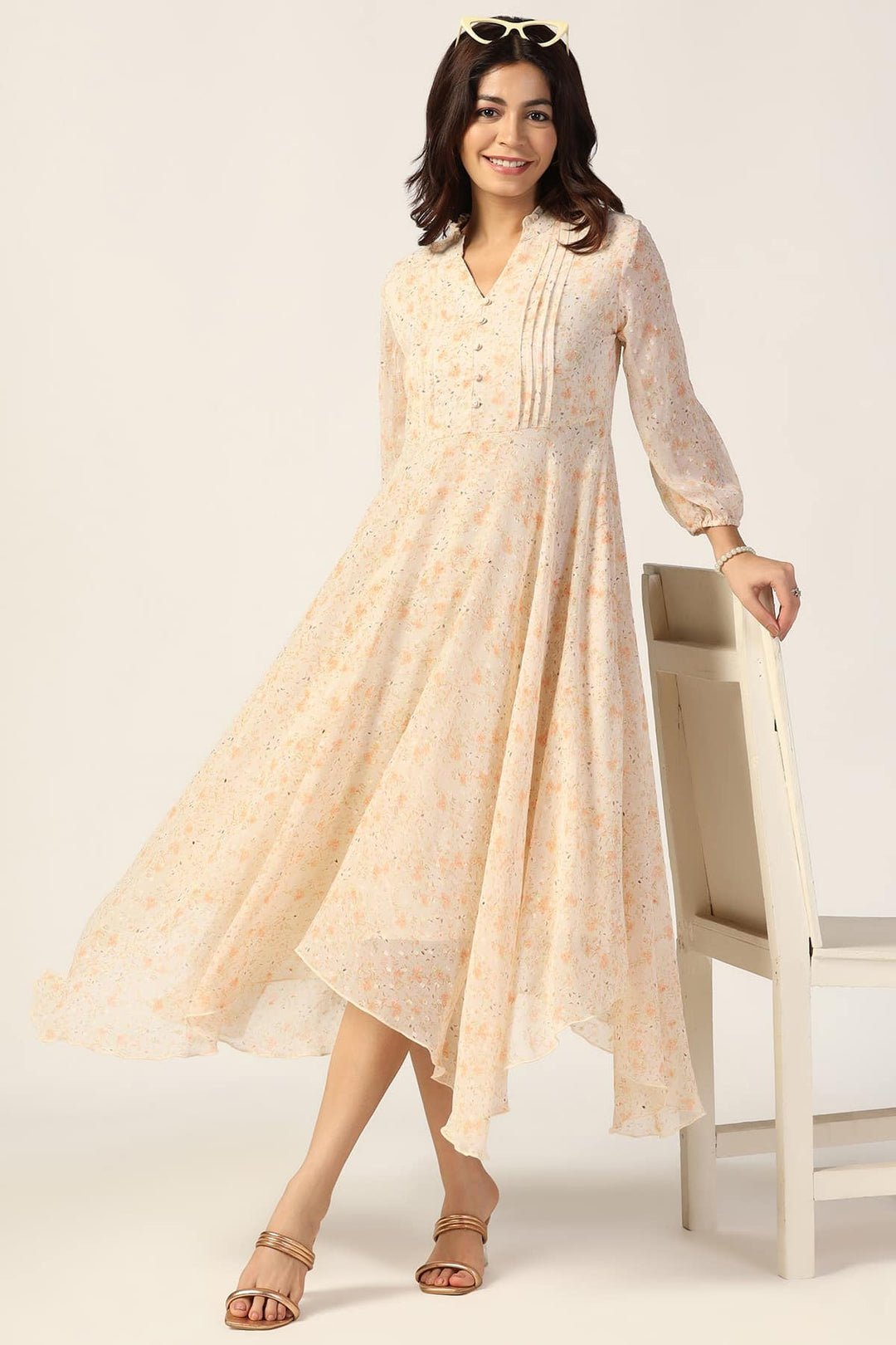 Cream Printed Chiffon Dress