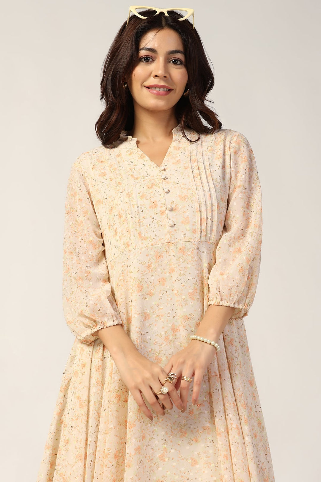 Cream Printed Chiffon Dress