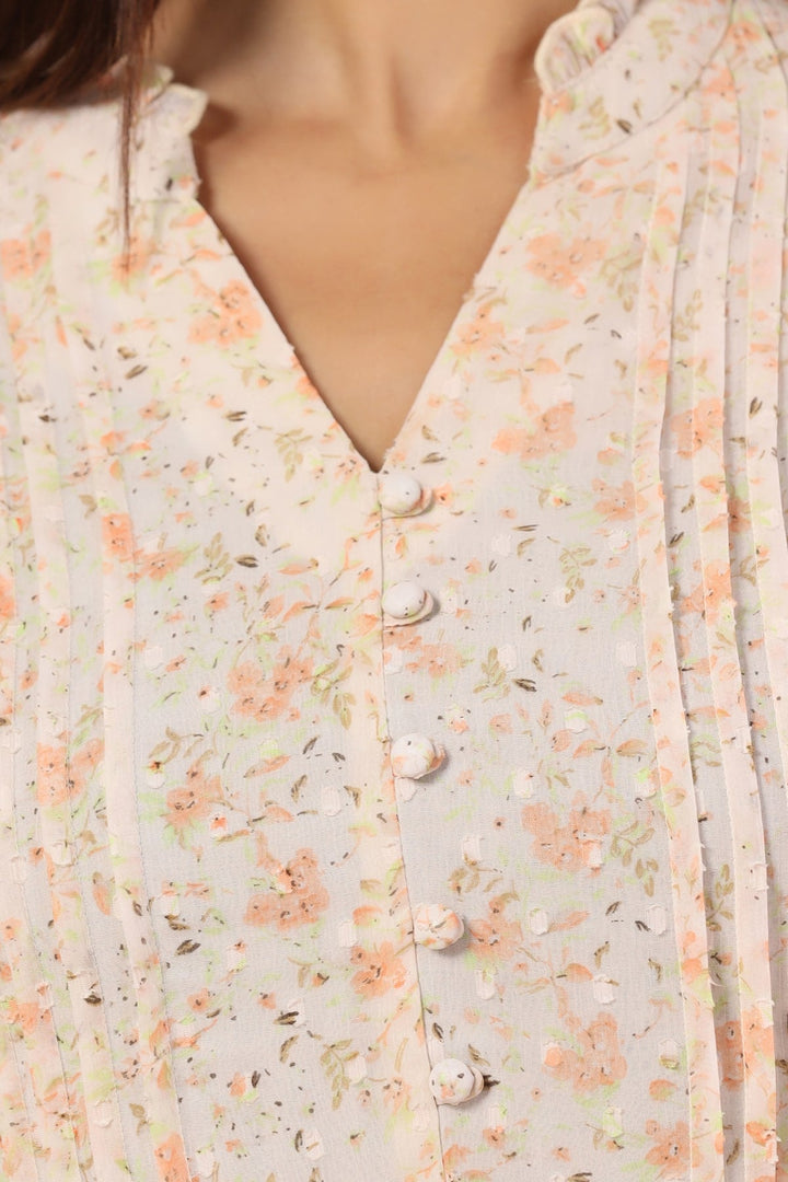 Cream Printed Chiffon Dress