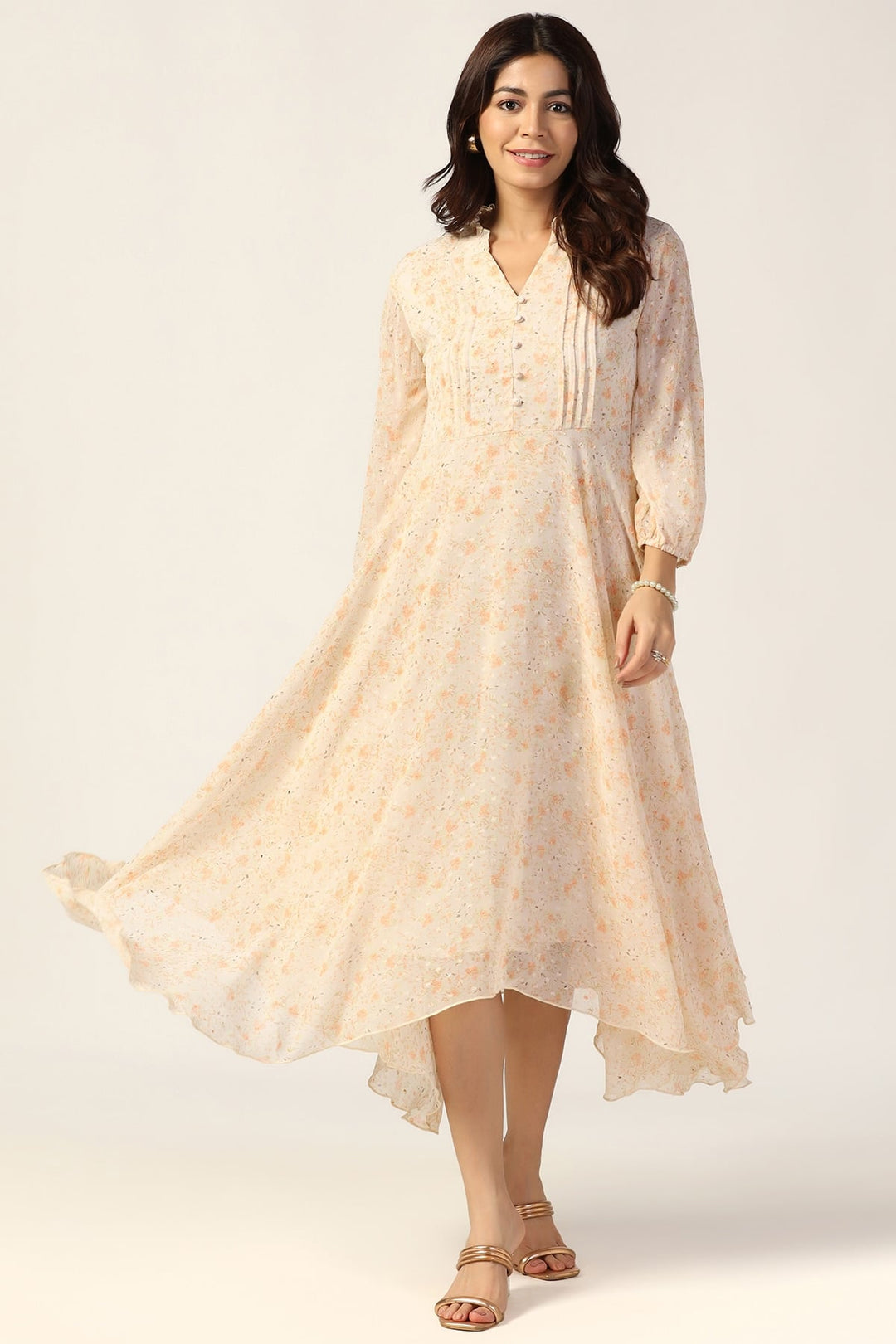 Cream Printed Chiffon Dress