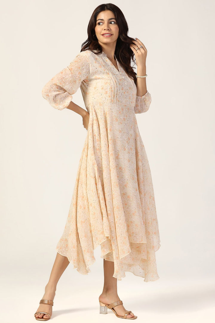 Cream Printed Chiffon Dress