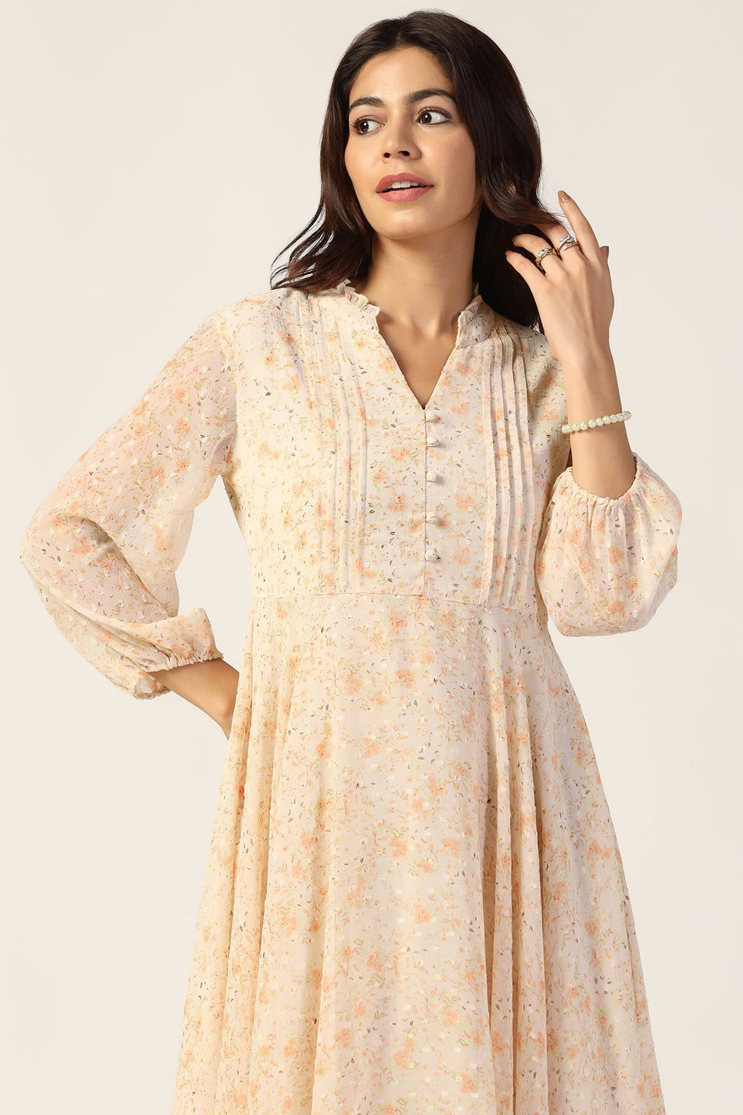 Cream Printed Chiffon Dress