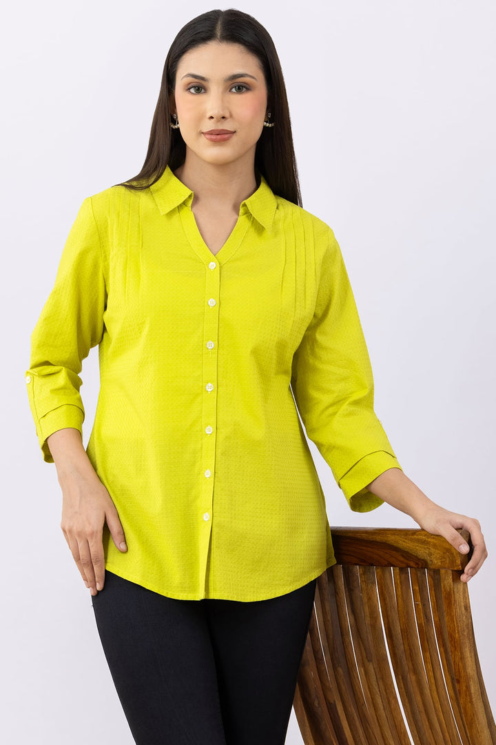 Lime Green Solid Cotton Viscose Dobby Shirt with 3/4 Sleeves