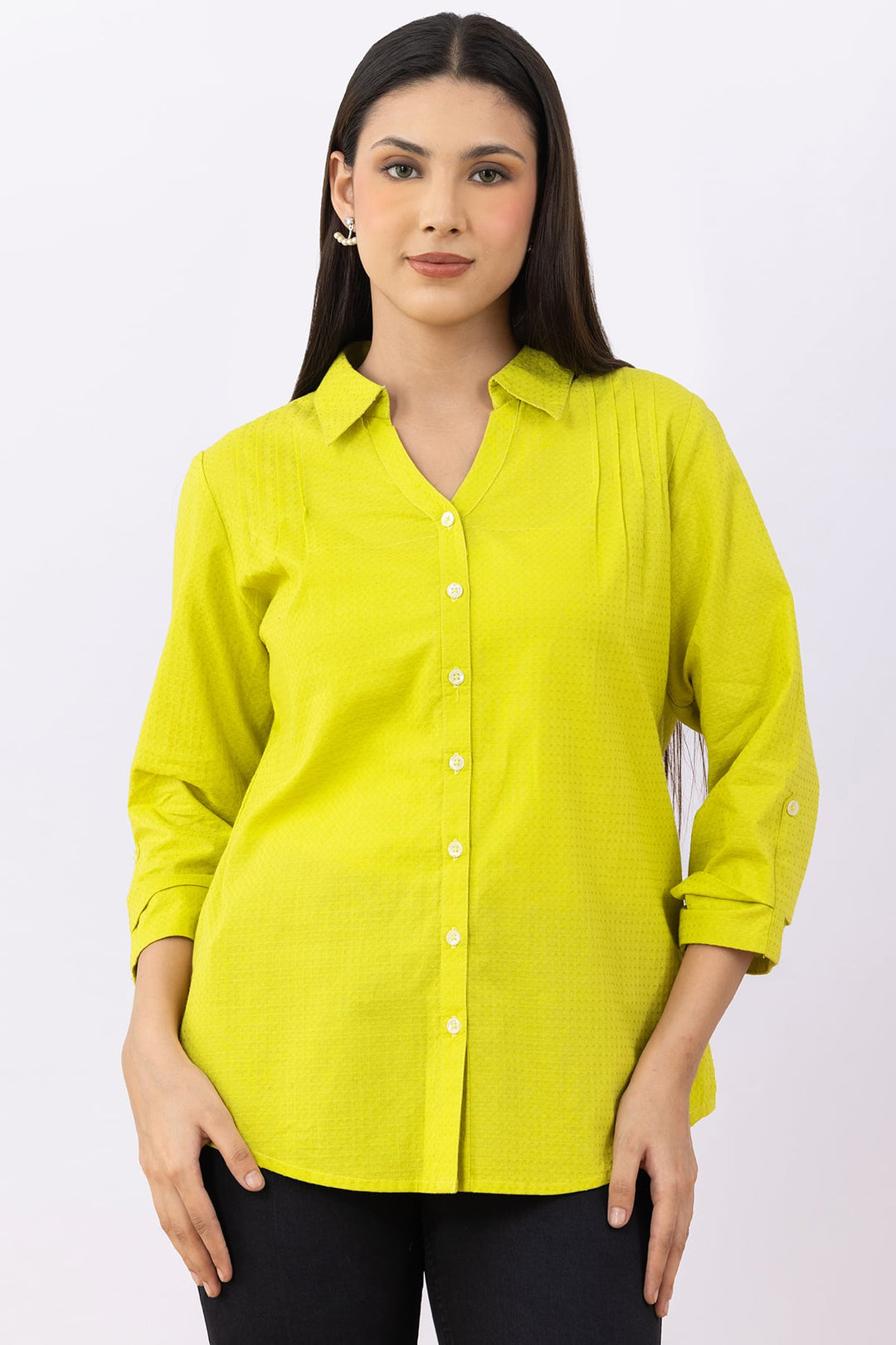 Lime Green Solid Cotton Viscose Dobby Shirt with 3/4 Sleeves