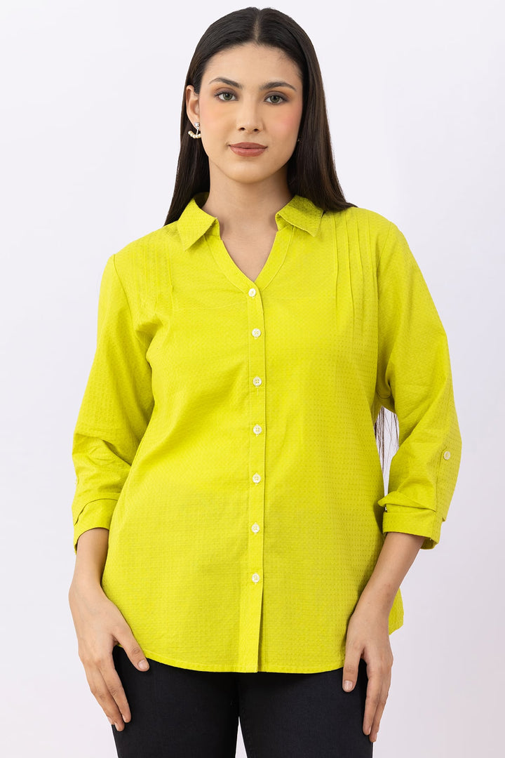 Lime Green Solid Cotton Viscose Dobby Shirt with 3/4 Sleeves