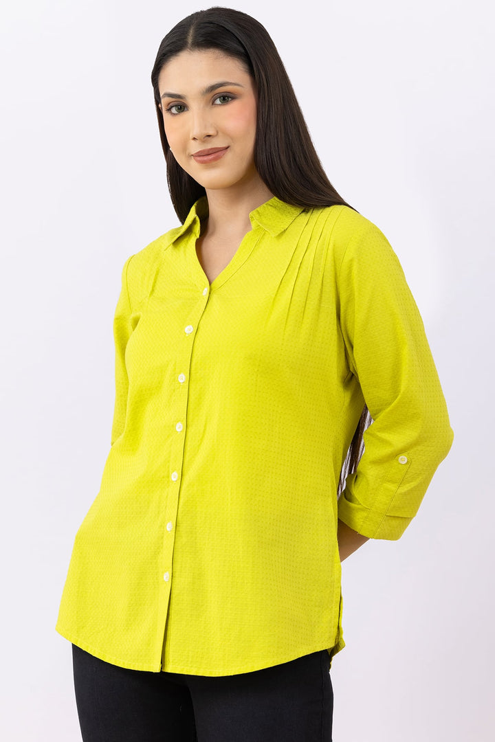 Lime Green Solid Cotton Viscose Dobby Shirt with 3/4 Sleeves