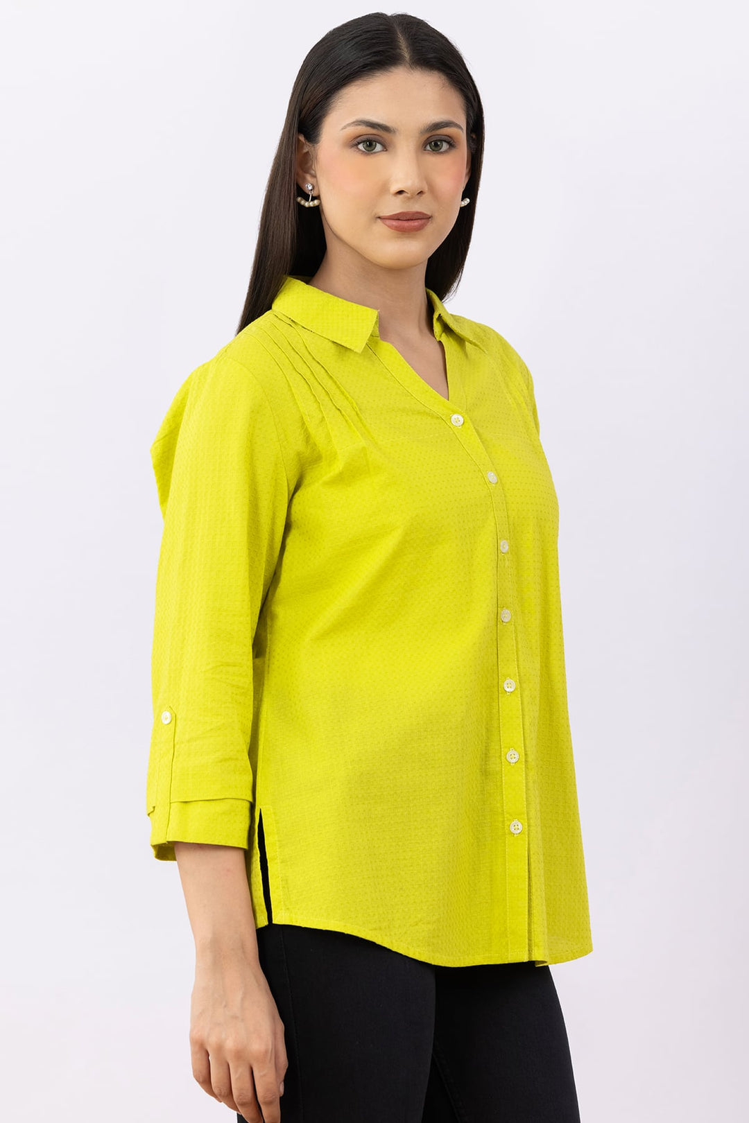 Lime Green Solid Cotton Viscose Dobby Shirt with 3/4 Sleeves