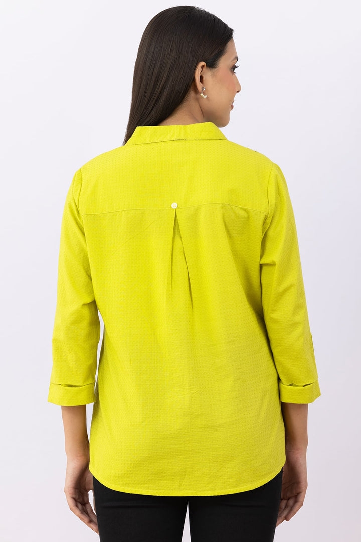 Lime Green Solid Cotton Viscose Dobby Shirt with 3/4 Sleeves