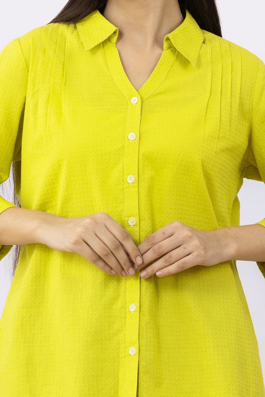 Lime Green Solid Cotton Viscose Dobby Shirt with 3/4 Sleeves