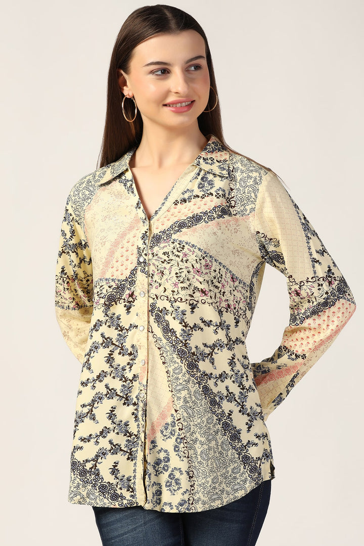 Cream Printed Rayon Shirt with Full Sleeves