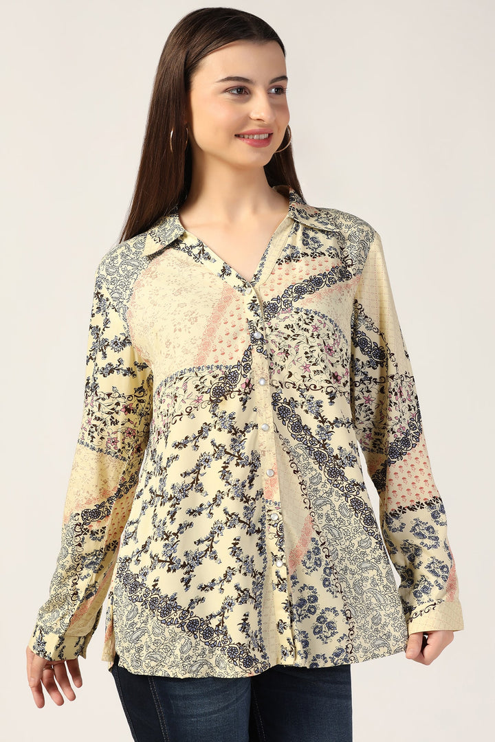 Cream Printed Rayon Shirt with Full Sleeves