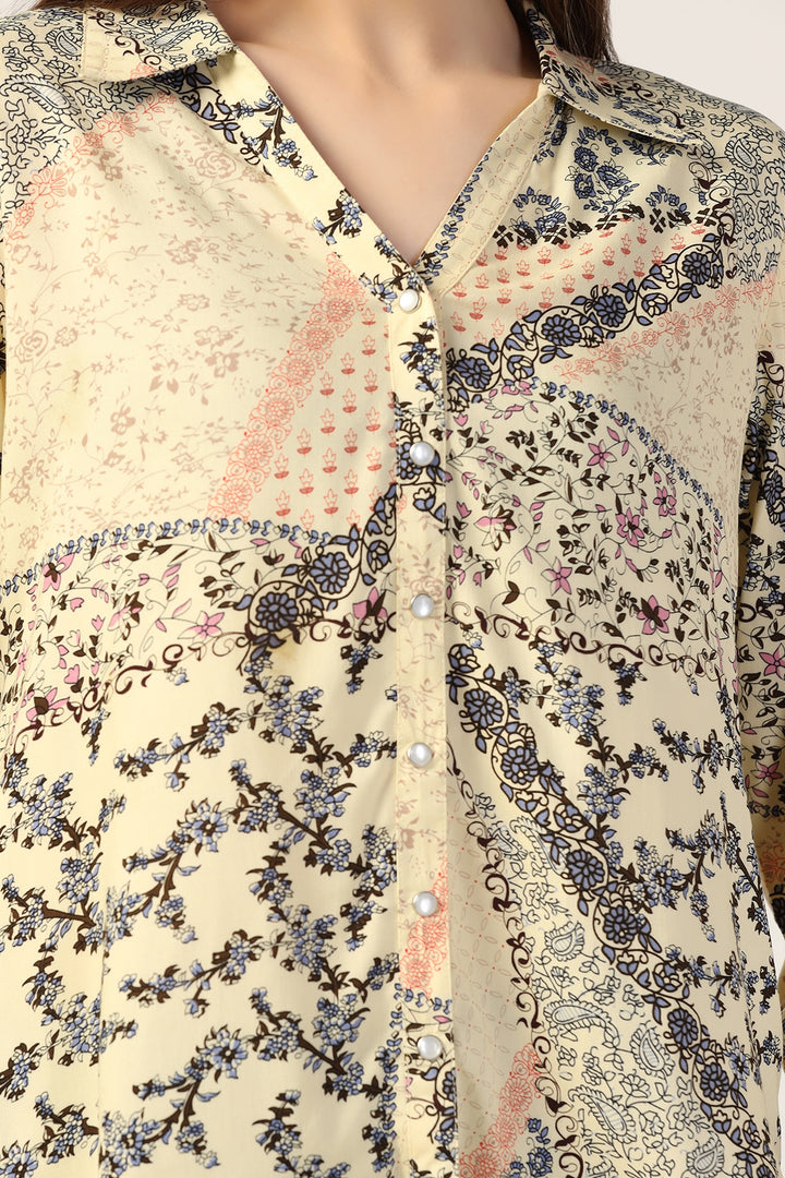Cream Printed Rayon Shirt with Full Sleeves