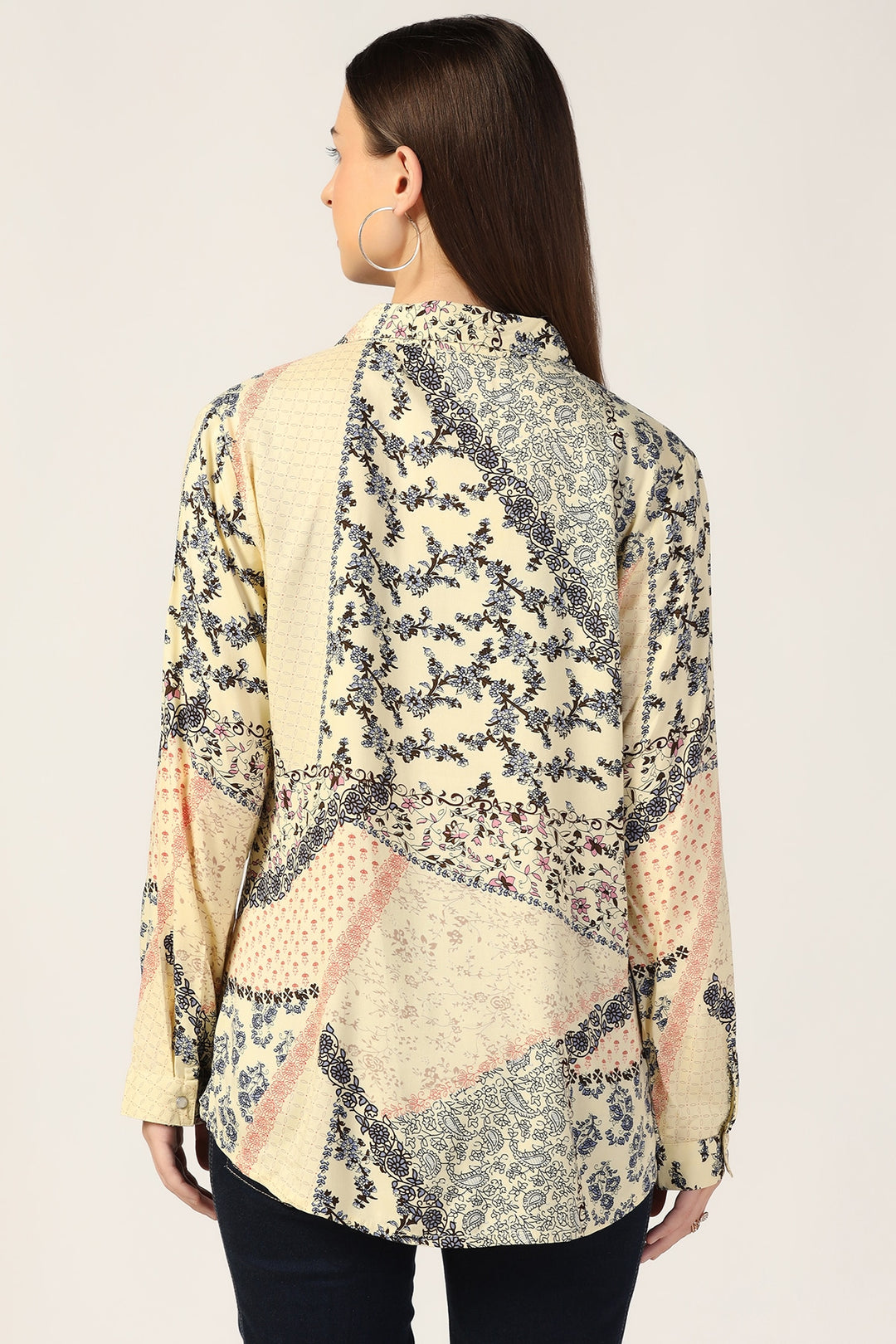 Cream Printed Rayon Shirt with Full Sleeves