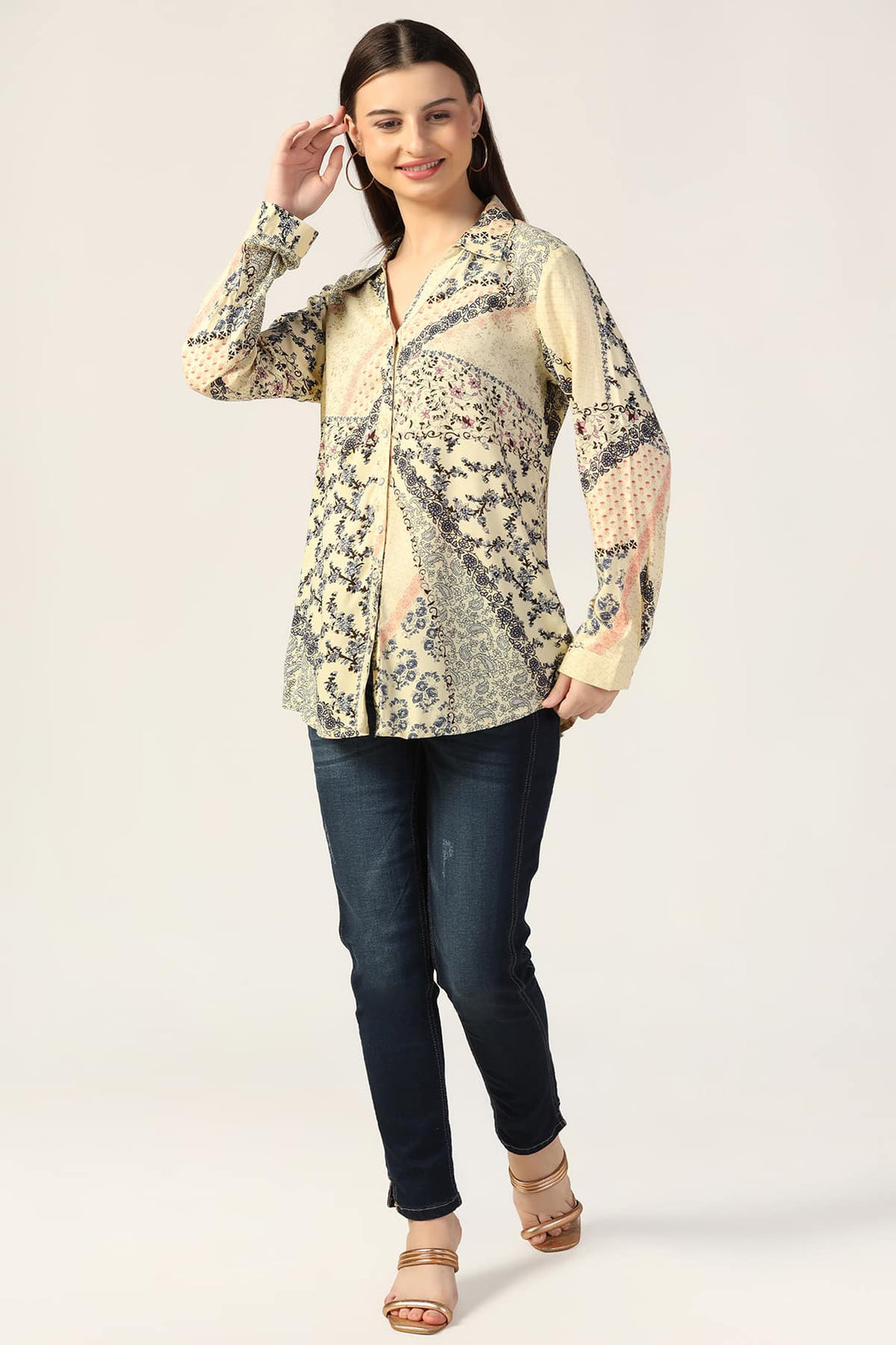 Cream Printed Rayon Shirt with Full Sleeves