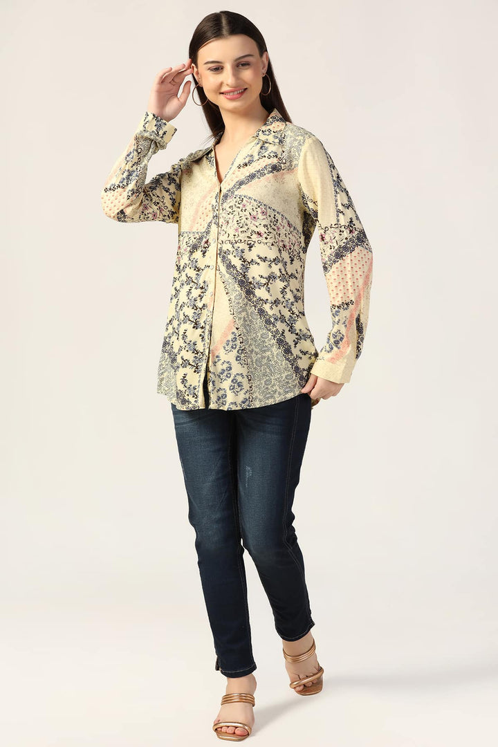 Cream Printed Rayon Shirt with Full Sleeves