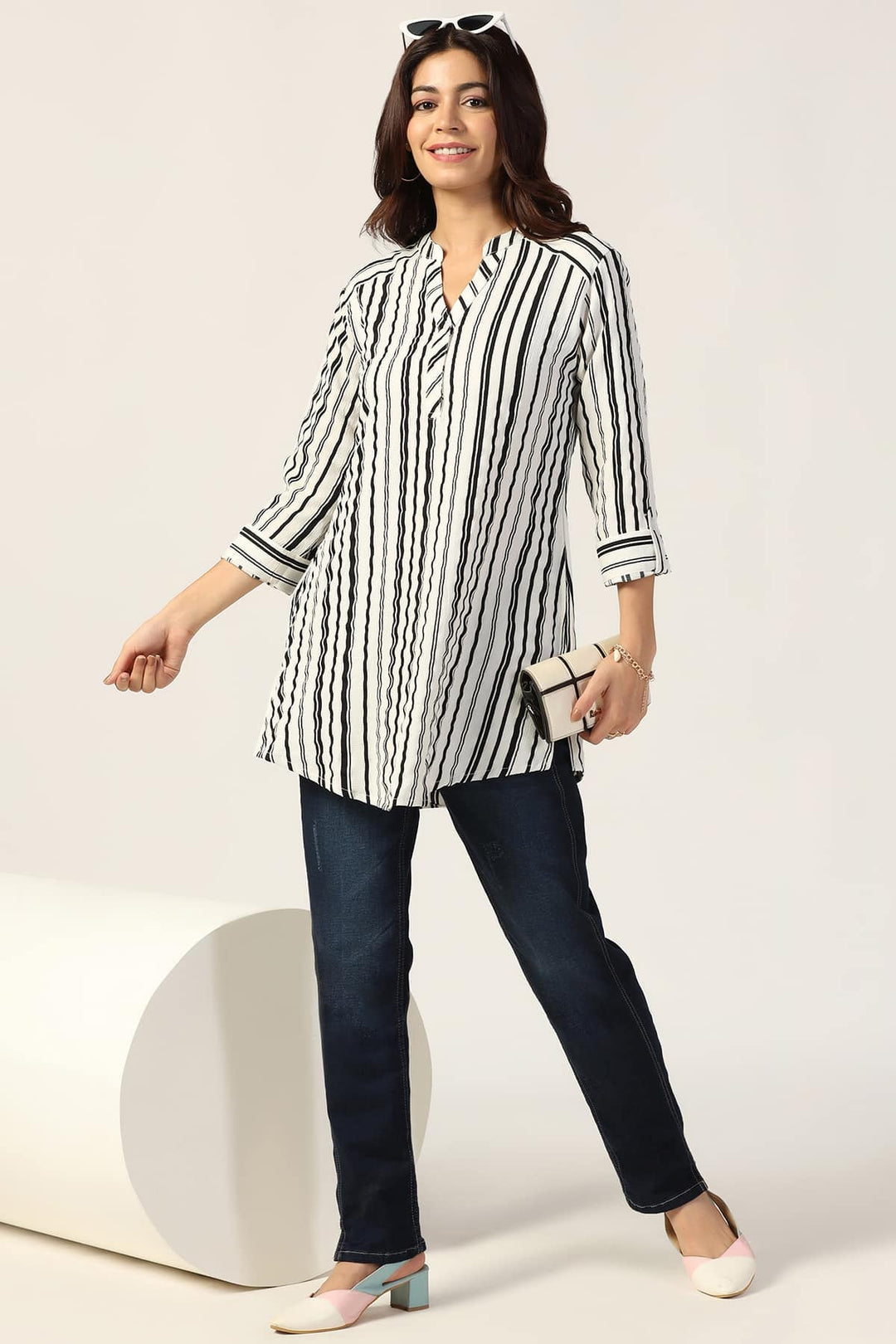 White Striped Bubble Crepe Tunic