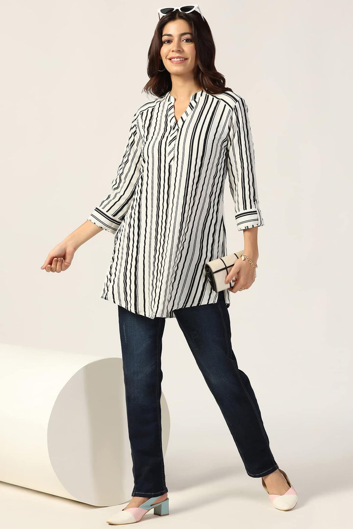 White Striped Bubble Crepe Tunic