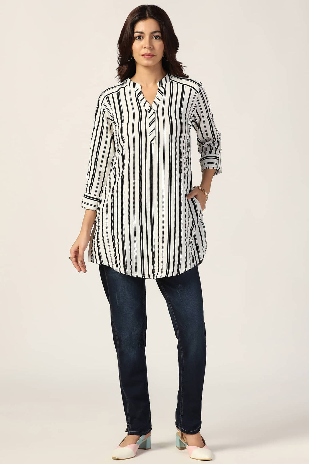 White Striped Bubble Crepe Tunic